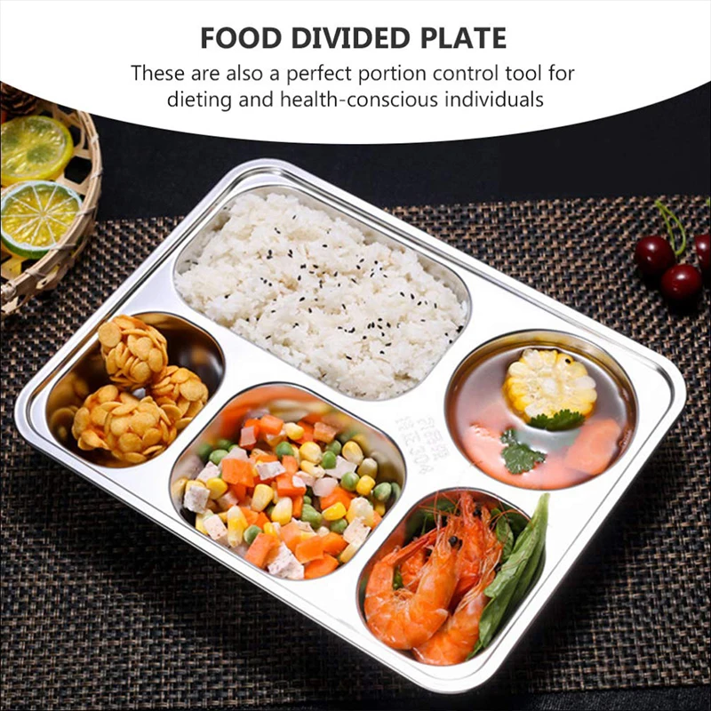 Stainless Steel Partitioned Dinner Plate Tray With 5 Compartments Divided Lunch Box And Dinner Plate stainless steel plates