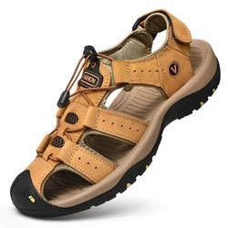 Genuine Leather Men's Casual Outdoor Sandals - Summer Beach and Roman Style - 40 (Yellow)