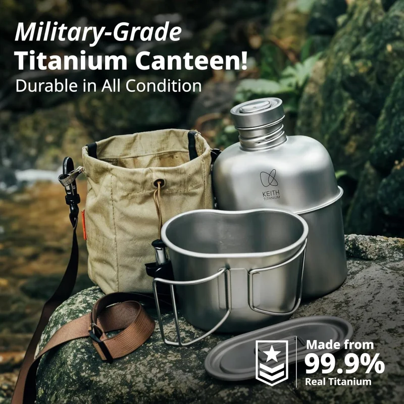Keith Titanium Bottle Outdoor Camping Hiking Canteen Ti3060 Mess Kit Military Water Bottle Set Ultralight Carrying Pouch