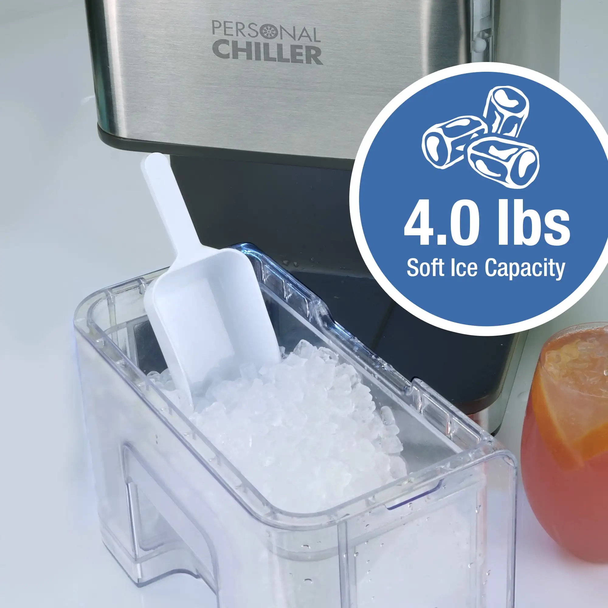 Personal Chiller Portable Countertop Ice Maker, Ice Nuggets, Stainless Steel