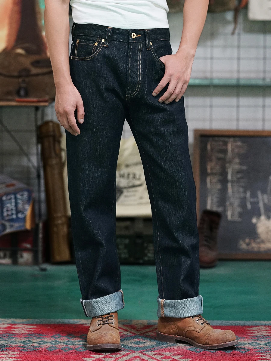 Men's Jeans Middle Waist 23OZ Thick Selvedged Denim Bukleback Straight Amekaji Cowboy Motorcycle Cargo Pants 2