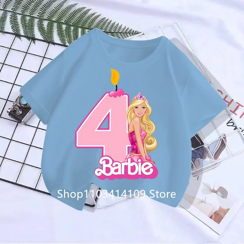 2024 Kawaii Barbie Children Short Sleeves Anime Cartoon Girls Boys Round Neck T-Shirt birthday gift Y2K Kids Clothes Streetwear 5