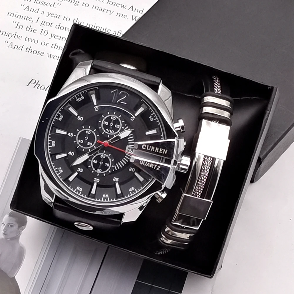 Men Watch Top Brand Men's Quartz Wristwatches Male Calendar Clock Luxury Reloj Hombres Leather Wristwatches with Bracelets Box