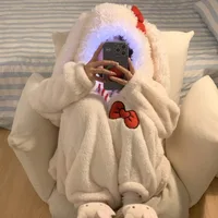 Sweet and Cute Bow Rabbit One-piece Pajamas Women's Winter New Fleece Thickened Coral Fleece Large Size Loungewear Sleepwear - Image 4