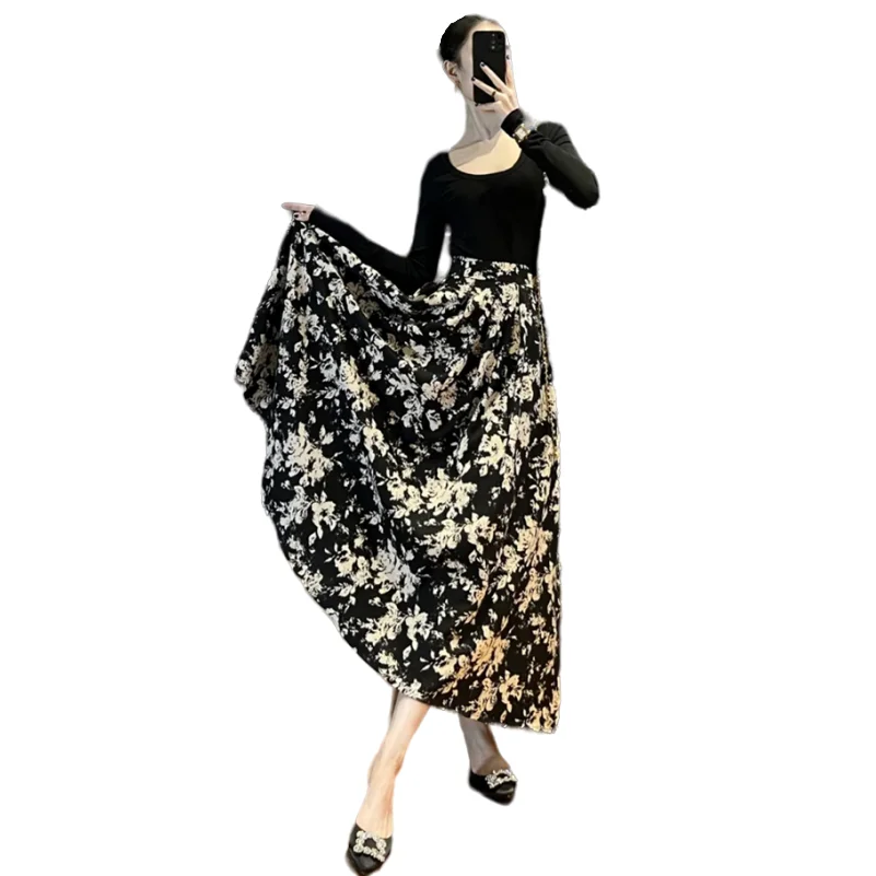

Spring New Chiffon Women Medium Length Skirts Vintage Printed High Waist Elegant Ladies Flowy Lightweight Ankle-Length Vestidos