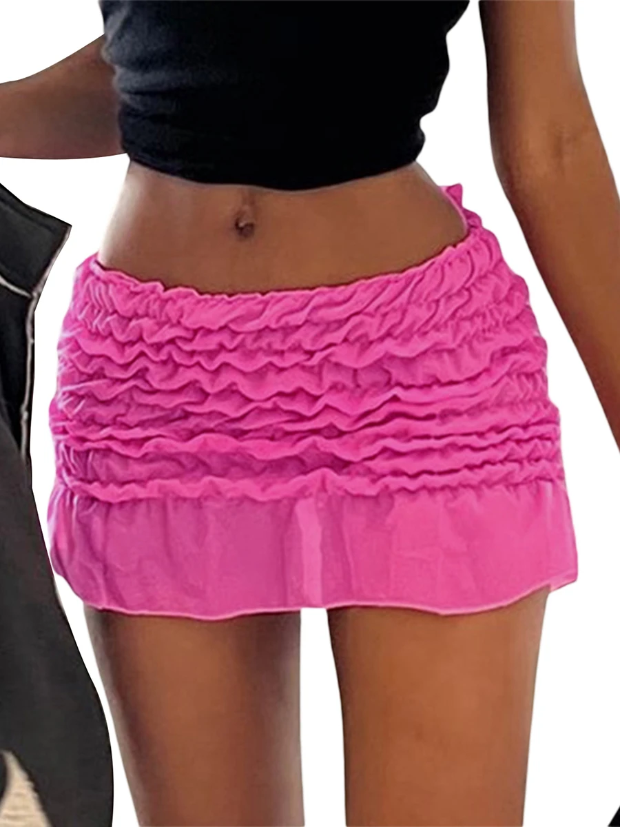 

Chic and Flirty Women s Lace See-Through Mini Skirt with Ruffle Pleats and Low Waist - Perfect for Summer Streetwear