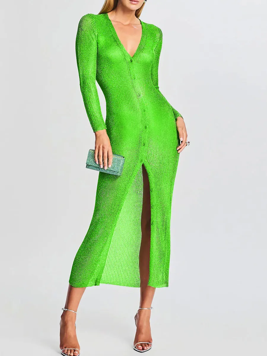 

Women Button Down Cardigan Party Dress Sexy Long Sleeve Deep V Neck Solid Color Knit Bodycon Long Dresses Fashion Female Clothes