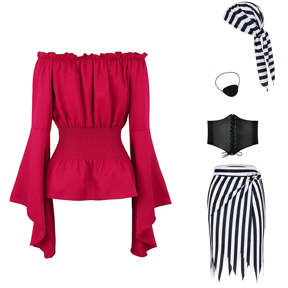 thumbnail image 1 of Disfraz de pirata para mujer, 5 piezas, blusa renacentista, camisa, corsé, cinturón, parche en el ojo, falda pirata, disfraz para fiesta de Halloween, 1 of 5