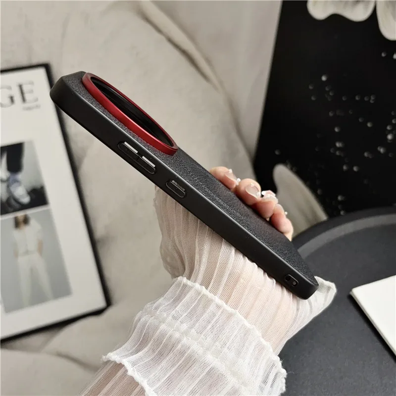 Luxury Magnetic Lychee Pattern PU Leather Non-Slip Cover with Metal Camera Frame