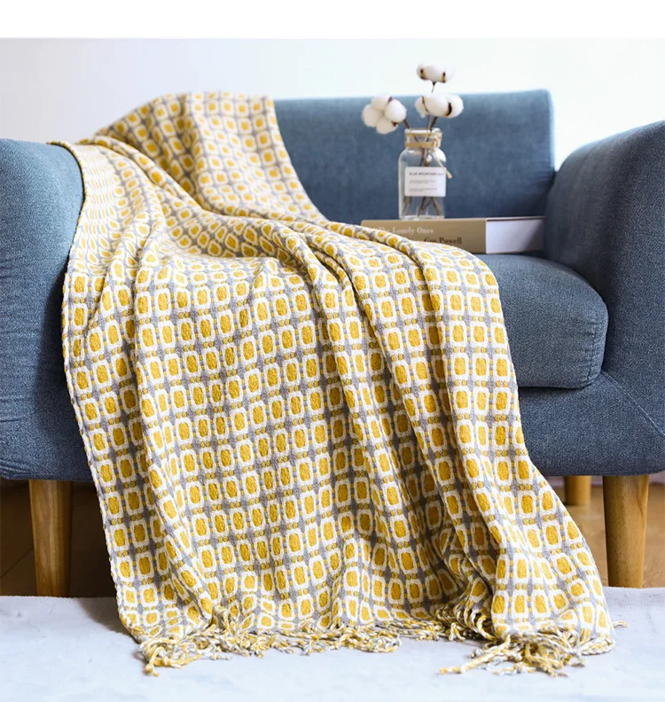 Boho Blue Knitted Throw Blanket with Tassels – Cozy Farmhouse Decor and Gift
