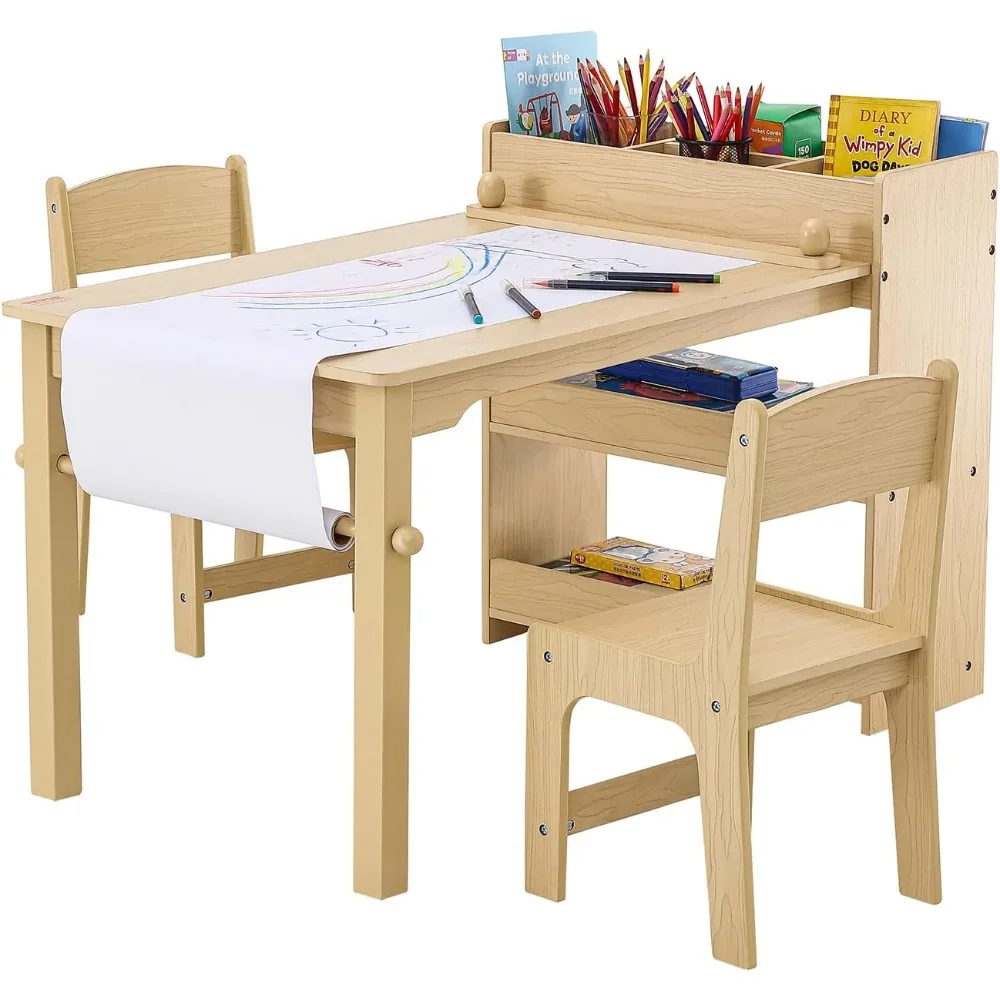 

Kids Art Table and 2 Chairs, 2-in-1 Toddler Craft and Play Activity Table, Wood Toddler Table and Chair Set with A Cabinet