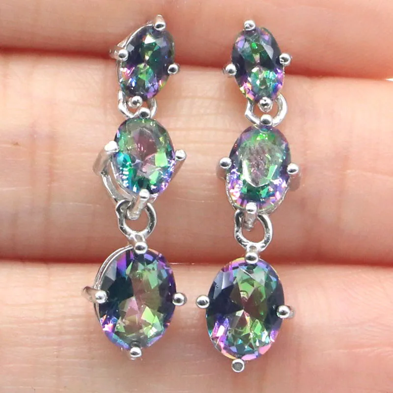 28x8mm Jazaz 3.4g Real 925 Solid Sterling Silver Earrings Fire Rainbow Mystic Topaz Violet Tanzanite Females Gift