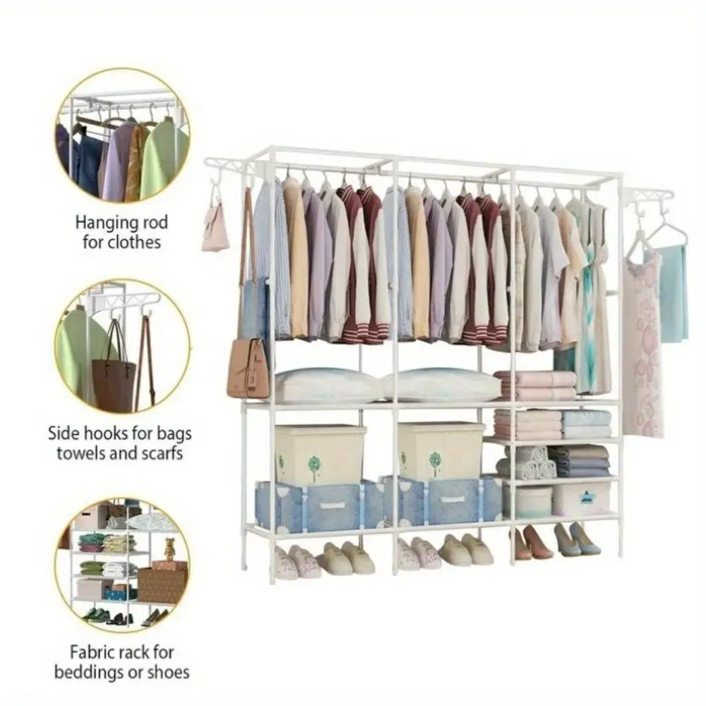 67x65x13.7" Metal Clothes Rack: Triple-Row, Black/White, Drying Area, Shoe & Accessory Space, Durable Plastic