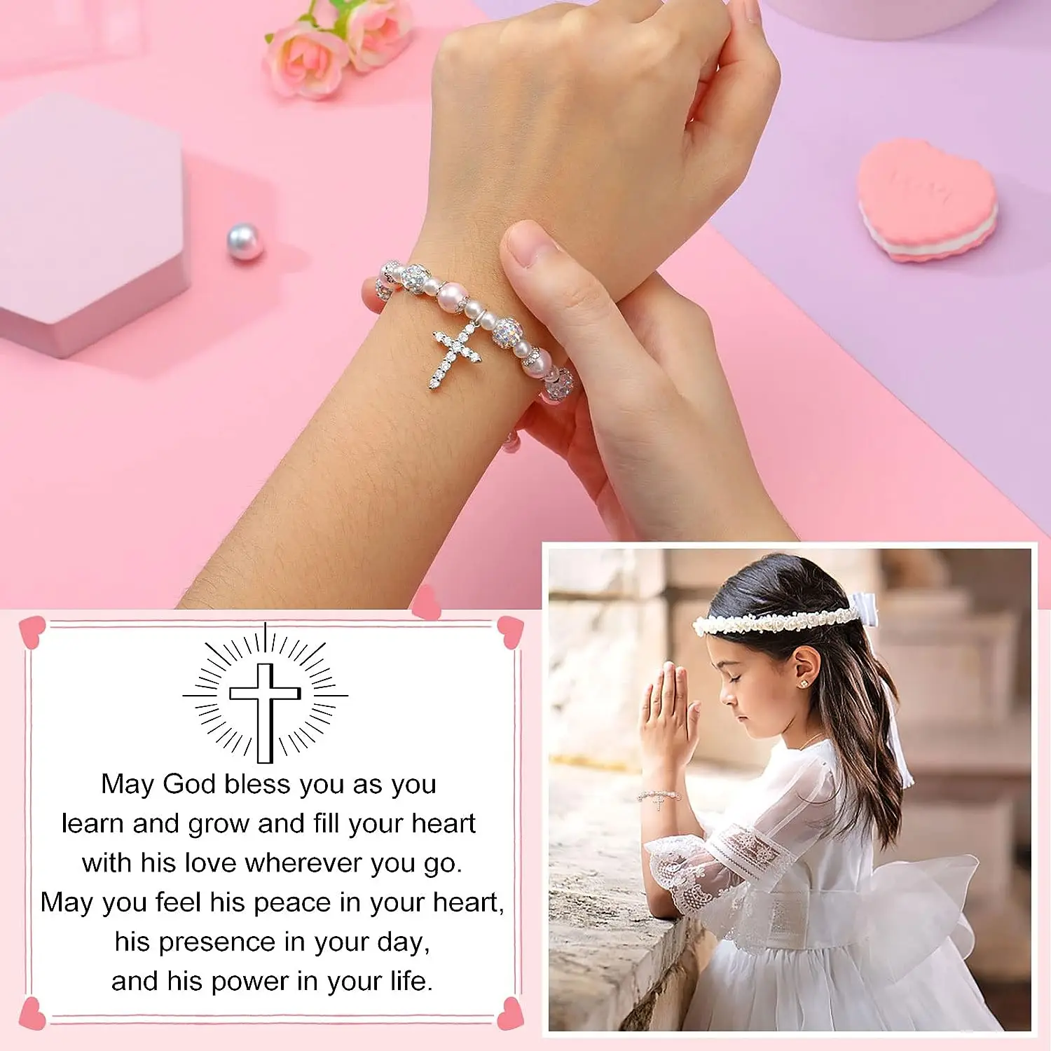Bracelet De Communion Croix Et Perles – Cadeau Pour Fille, Avec Carte Et Sac En Flanelle, Rose