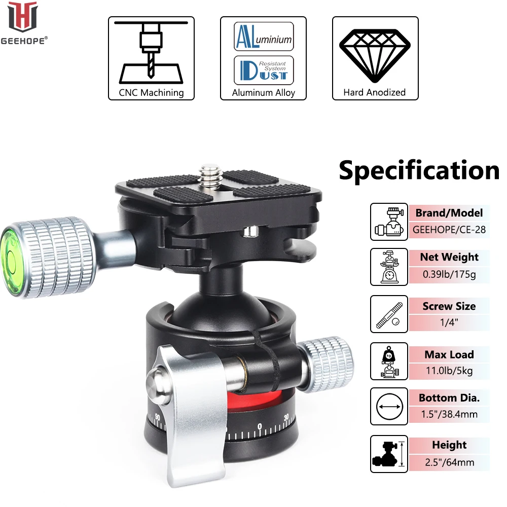 Geehope CE-28 로우 프로파일 삼각대 헤드, Arca Swiss Plate가 있는 DSLR 카메라용 360 ° 파노라마 금속 볼 헤드, 1/4 인치 나사 하중 5kg
