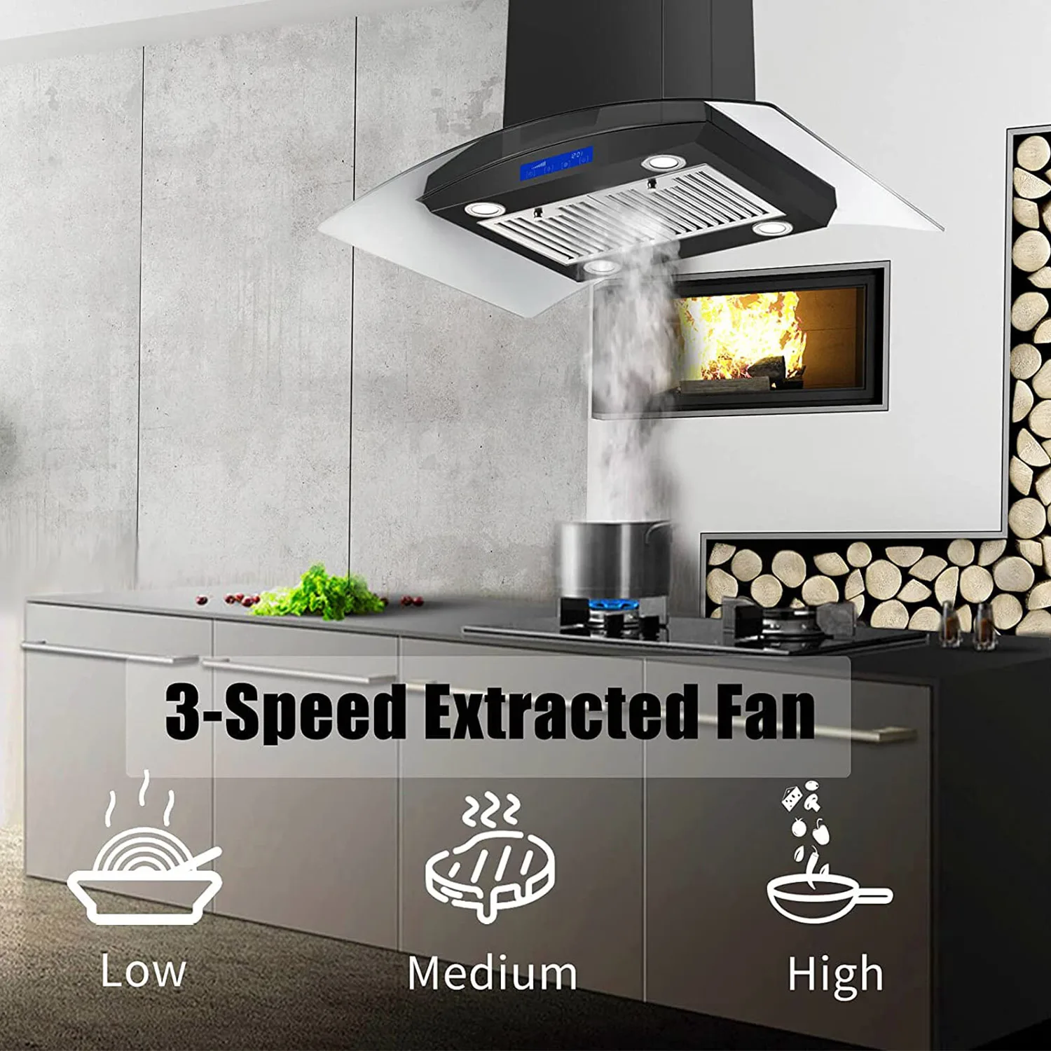 Tieasy 36 inch 700CFM Island Mount Touch Panel 3 Speed Fan Permanent Filters with LED Lights Kitchen Range Hood USGI0290BPB