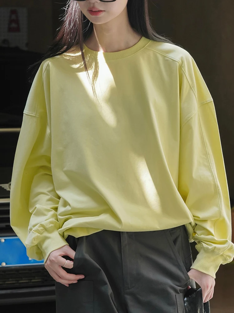 [LANMREM] Minimalism Loose Pullover Sweatshirt For Women Round Neck Long Sleeve Office Lady Female Tops 2024 Summer New 26D5184