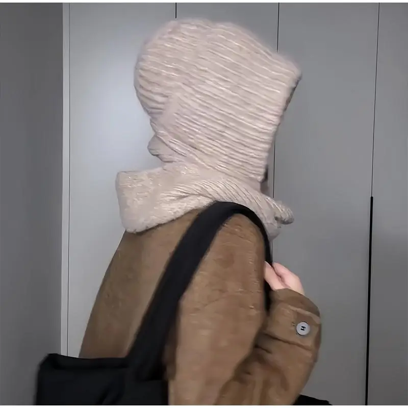 Heißer Verkauf Milch Tee Farbe Mit Kapuze Schal Hut Für Frauen Koreanische INS Stil Winter Faul Stil Warme Gestrickte Einfarbig schal Hut ﻿ – Detail 10