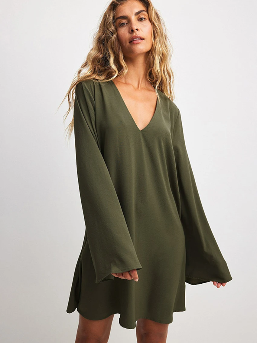 Marthaqiqi Green Female Pajamas Long Sleeve Sleepwear Sexy V-Neck Nightgowns Lace Up Nightwear Mini Dress Casual Women Nightie