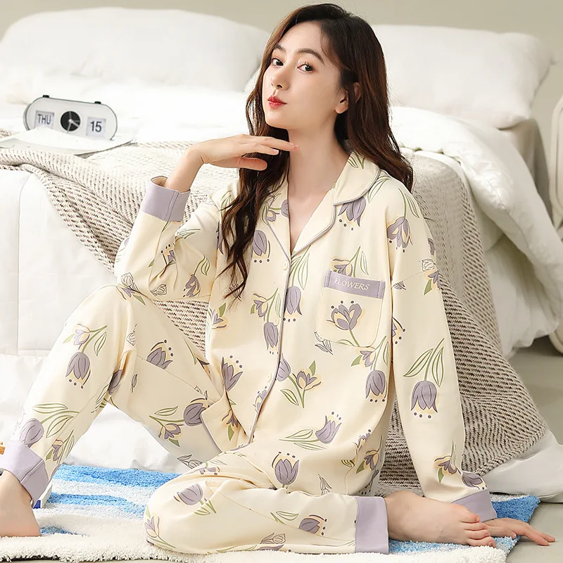 Spring Autumn Women's Pure Cotton Pajamas Long Sleeve Cardigan Pants Loose Oversized Home Clothing Set Sweet Cute Sleepwear