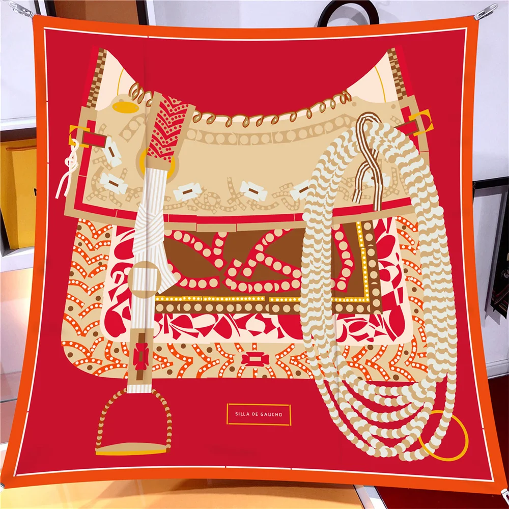Luxury 90cm Twill Silk Checkered Horse Print Square Scarf Shawl