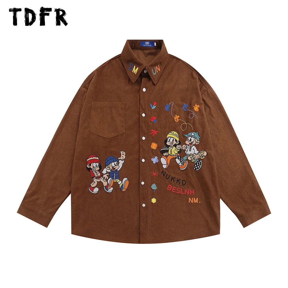 

Cartoon Embroidery Corduroy Shirts Long Sleeve Mens Autumn Retro Casual Loose Lapel Single Breasted Shirts