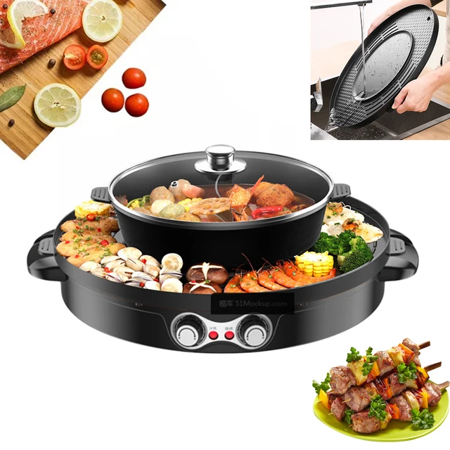 Marmite électrique ronde noire de 2200 W avec grill, 52*18,5 cm, marmite électrique, grill électrique pour cuire des steaks, des fruits de mer, des viandes 1