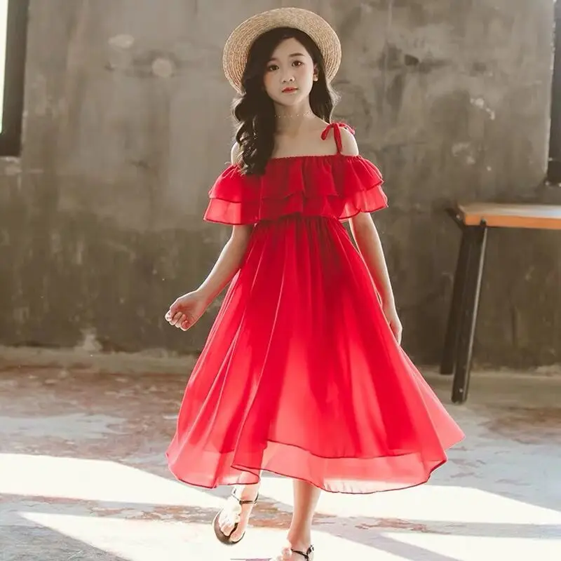 Toddler Girls Dress 2022 Summer Chiffon Pure Color Kids Dresses Fashion Off-the-shoulder Teens Children Princess Clothes W210 baby girl doll skirt Dresses