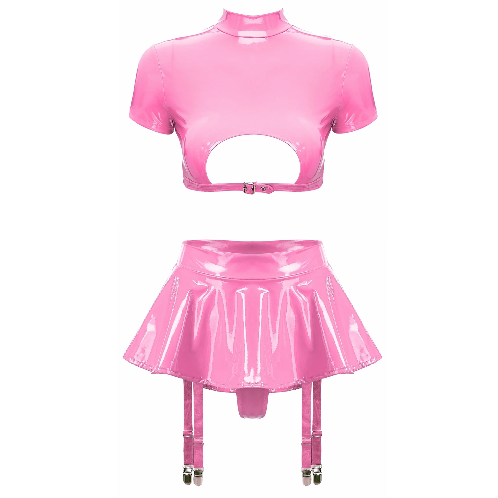 Womens Patent Leather Disco Rave Party Lingerie Set Crop Top Ruffle Miniskirt Cutout Top with Built-in Thongs Garter Belts Skirt
