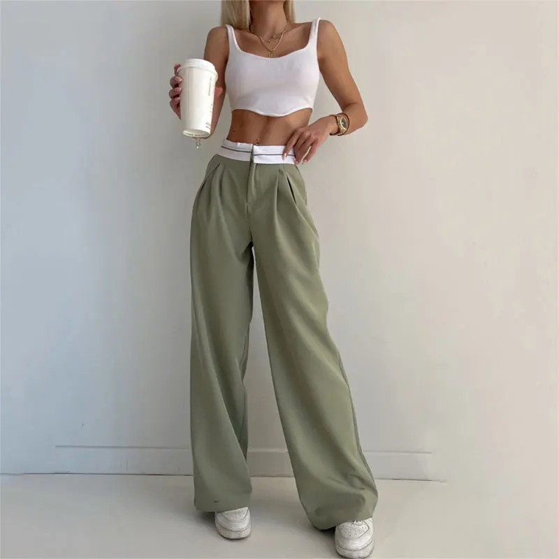 SRUBY Women Pants Trousers High Waist Fold Pleated Tailored Pants Fashion  Casual Loose Wide Leg Straight Suit Pants Trousers - AliExpress