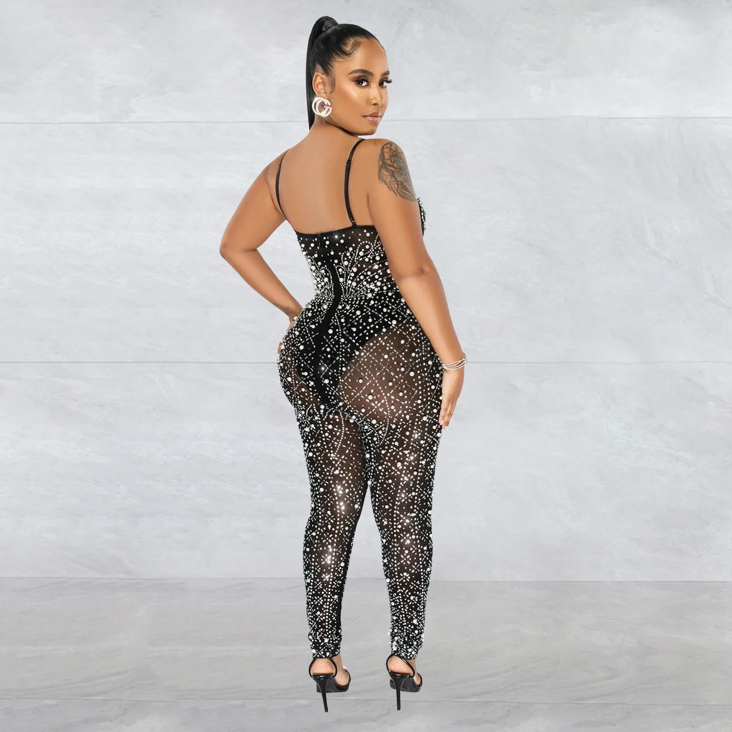 Fashion Women's Solid Color Mesh Press Drill Sleeveless Halter Jumpsuit Summer Elegant Party Nightclub Temperament Jumpsuit