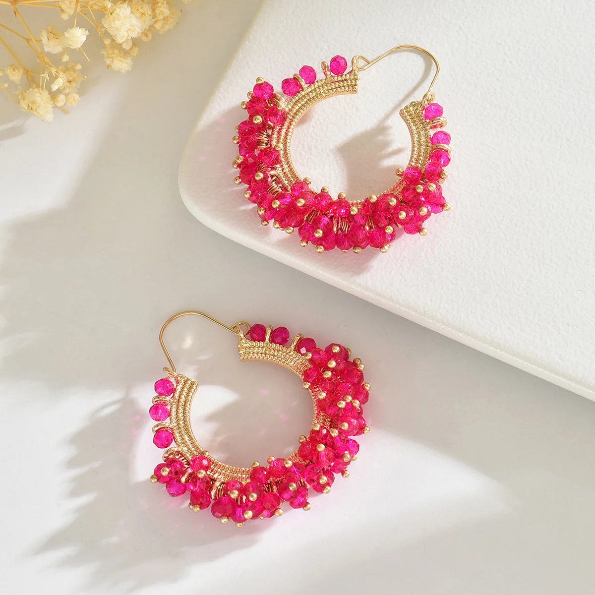 Boho Vintage Elegant Crystal Beaded Hoop Earrings for Women Handmade Colorful Geometric Metal Earring Summer Party Jewelry Gift