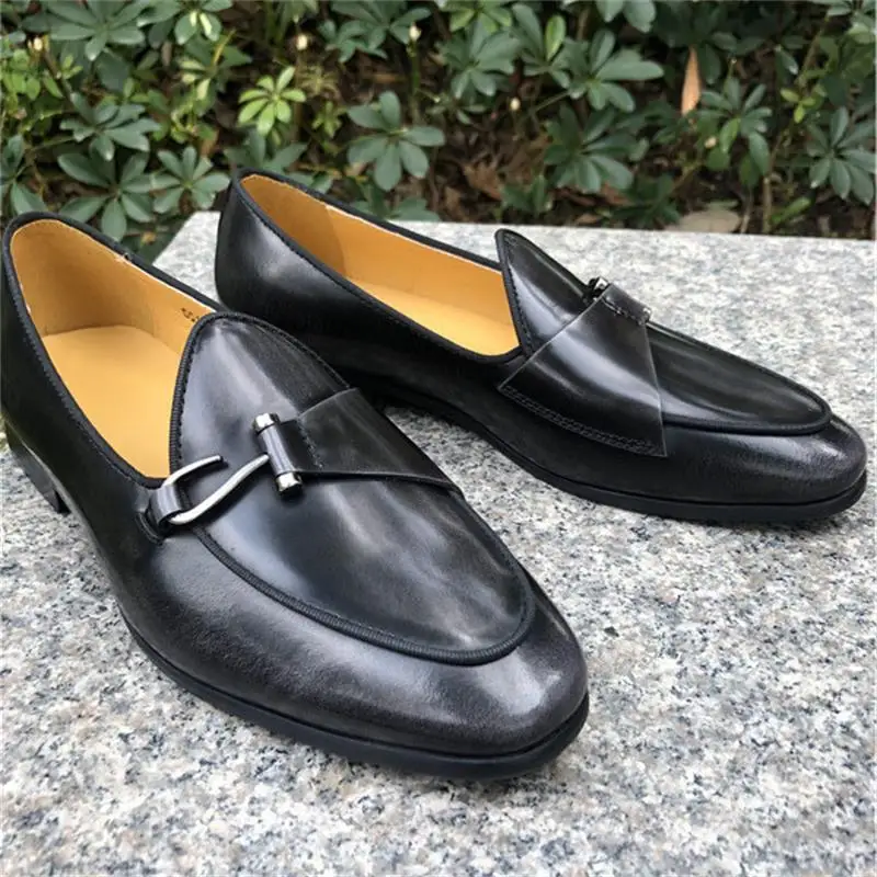 

Black Genuine Leather Men Loafers Round Toe Low Heel Handmade Classic Hook Slip-On Stree Style Party Business Casual Dress Shoes