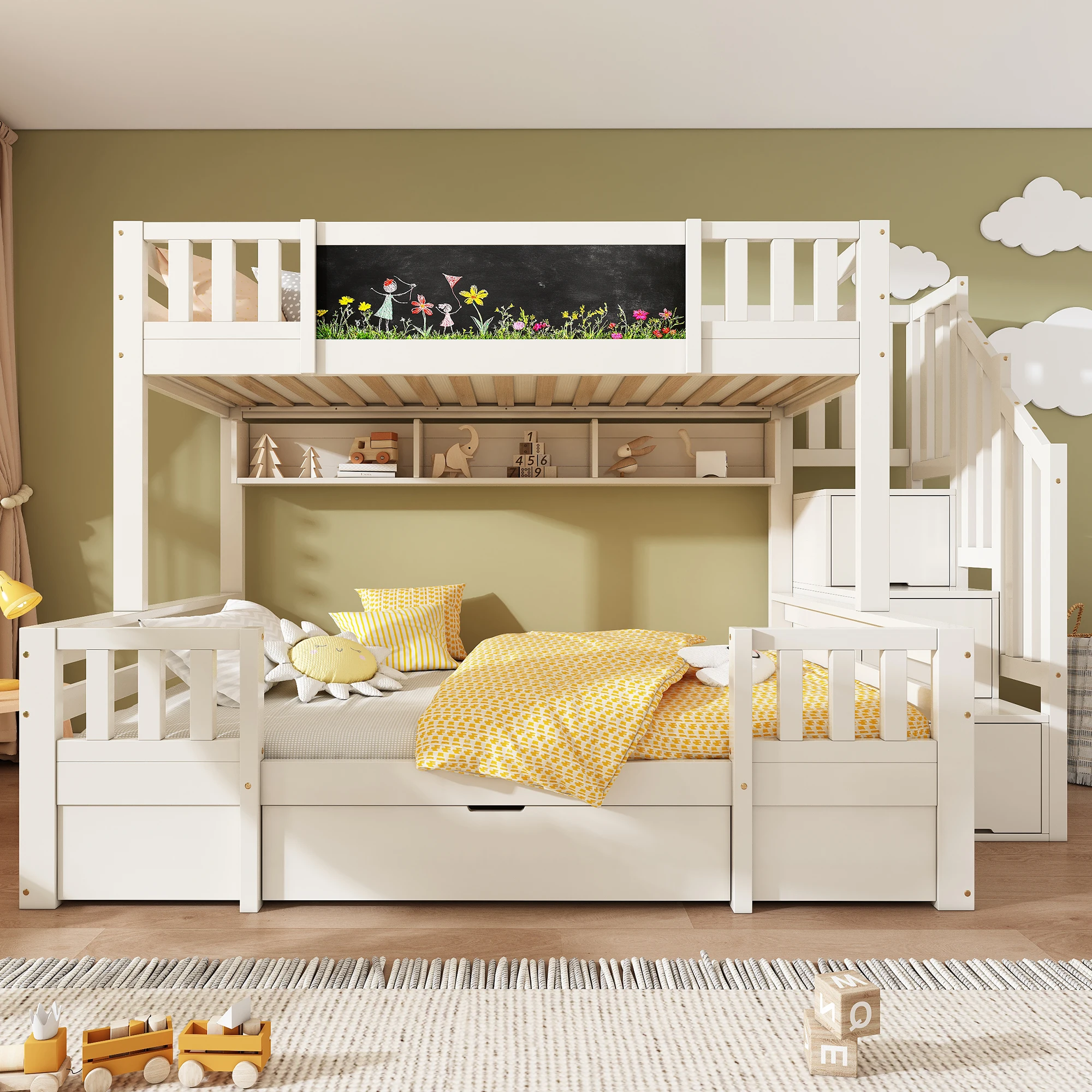 Etagenbett für 3 Kinder, Größen 90x200 & 140x200, Massivholz mit Tafel, Stauraumtreppe, Schubladen und Loft-Design. – Detail 12
