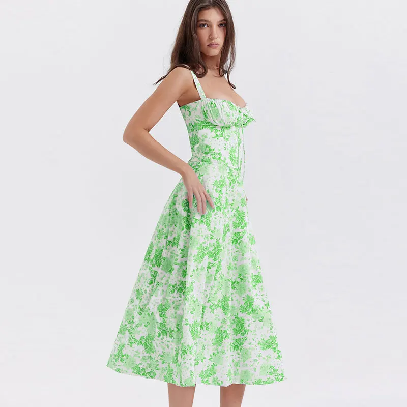 Robe à bretelles imprimée florale pour femmes, robe trapèze élégante, couleur unie, coupe couvertes, fente latérale, taille, été 2023 22