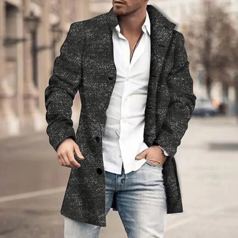 Autumn And Winter Men's Woolen Standing Collar Medium Long Coat Korean Casual Business Long Sleeved Daily Versatile Woolen Coat