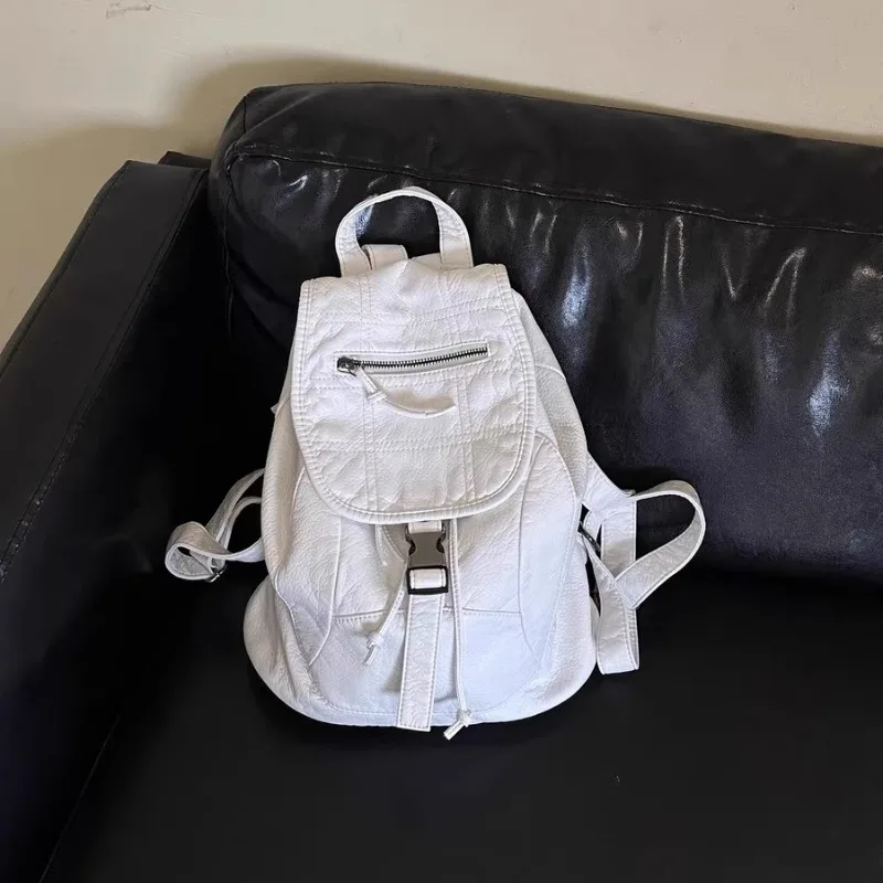 Xiuya zaino da donna bianco puro in pelle Vintage zaino in stile americano lavato morbido stile College nuova borsa da viaggio di grande capacità