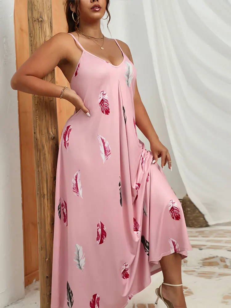 Women's Elegant and Pretty Long Polyester A-line Dresses Suspenders Party Feather Pattern Pink Print Casual New Plus Size 2024