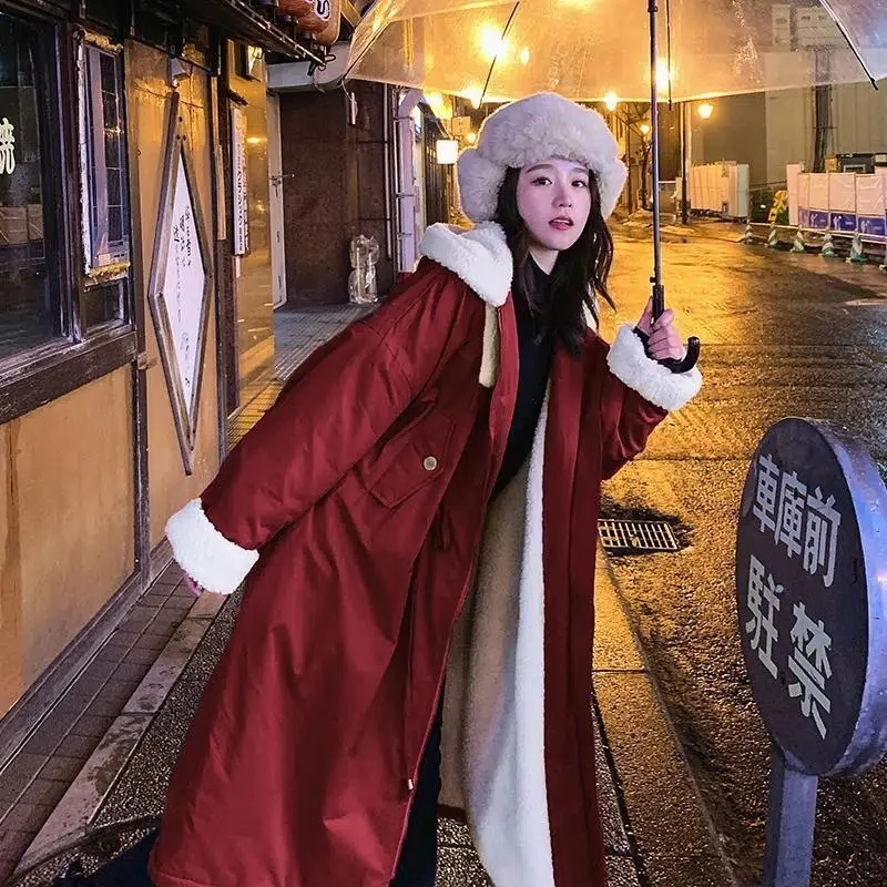 Lamb Wool Padded Female Korean Version Loose 2022 New Winter Long Plus Cashmere Parker Padded Clothing ins Tooling Female Coat X