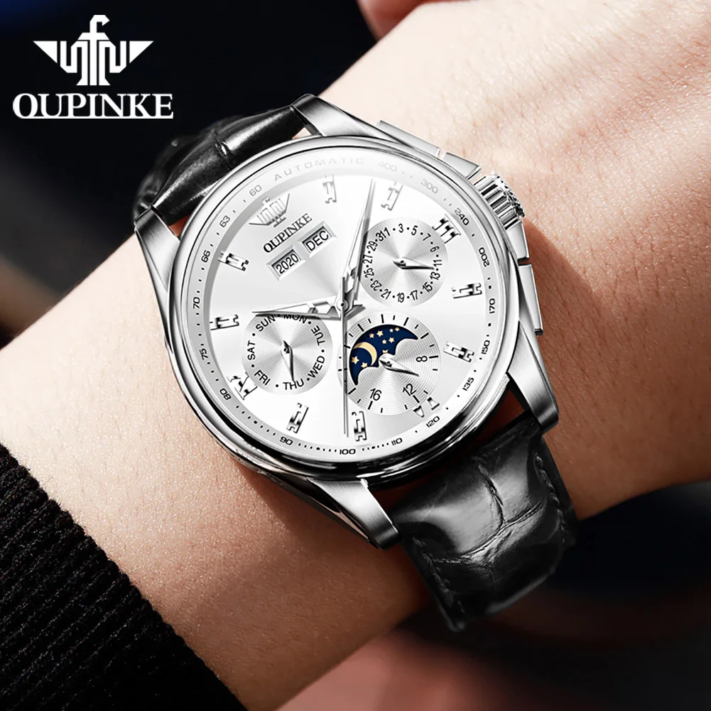 OUIPNKE 3189 Men's Watch Moon phase Calendar Multifunctional Wristwatch Leather strap Sapphire mirror Watch for Man Top Brand