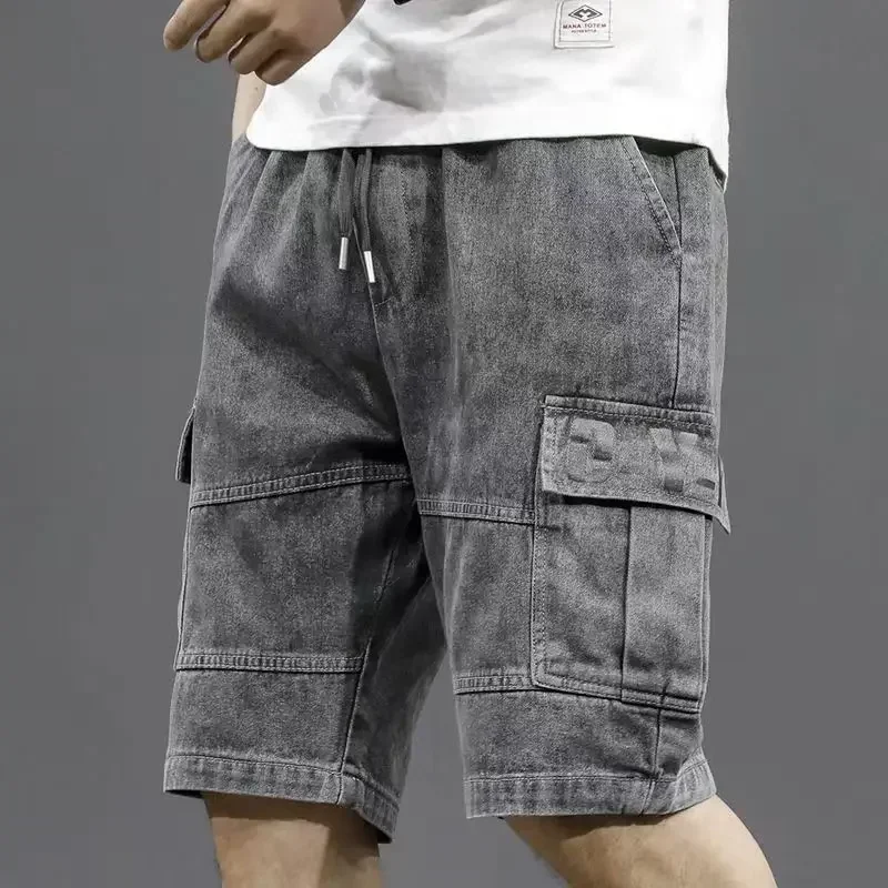 Pantalones cortos de mezclilla para hombre con cordón y texto, pantalones cortos cargo para hombre, pantalones vaqueros con botones cortados, novedad en Jorts, moda popular de verano Y2k