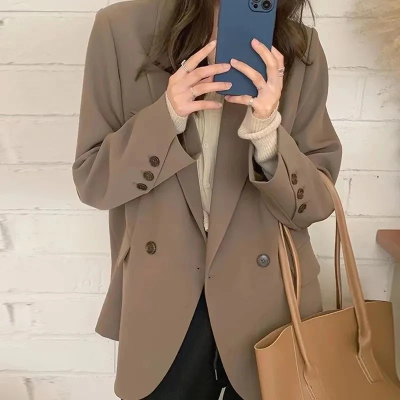thumbnail image 1 of Blazer negro de moda coreana para mujer, chaqueta holgada clásica con cuello vuelto, manga larga y bolsillos, 2023, 1 of 5