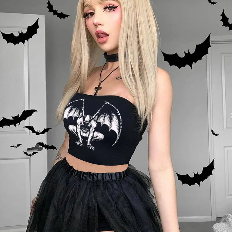 

Gothic Print Tops Tank Women Vintage Emo Harajuku Sexy Wrapped Chest Crop Tops Y2K Streetwear Grunge E Girl Strapless Crop Tops
