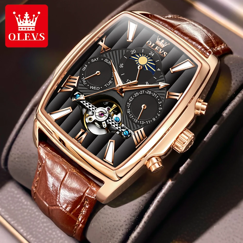 OLEVS New Skeleton Tourbillon Watches Mechanical Automatic Watch Men Sport Clock Casual Business Moon Wrist Watch Relojes Hombre