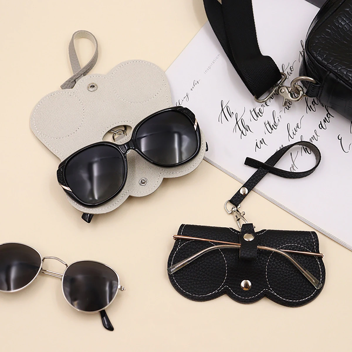 Glasses Storage Bag 1pc Litchi Embossed PU Leather Cute Hanging Sunglasses Reading Glasses Portable Travel Eyewear Holder