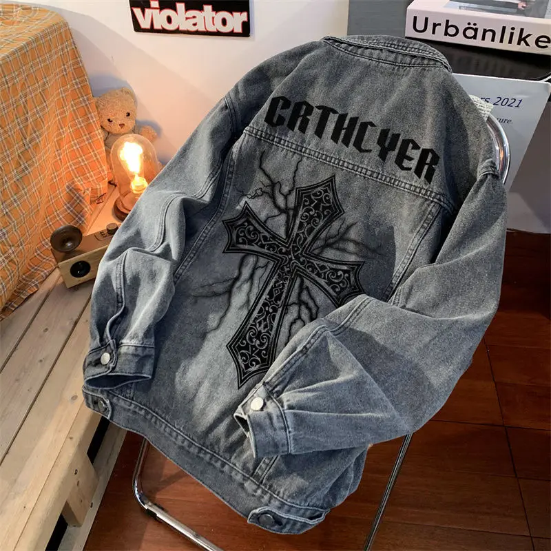 

New in Cross Print denim jacket men New High Street Coats korean fashion y2k Tops streetwear goth couples jackets for men