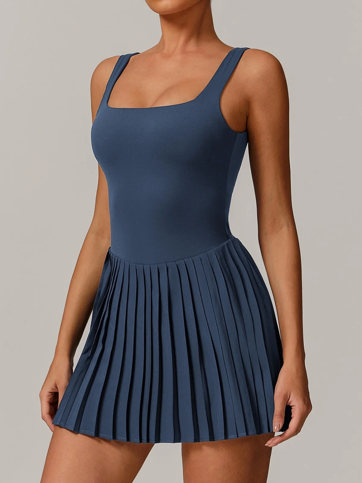Fake Two Piece Tennis Dresses Women Sleeveless Soft High Stretchy Fitness Pocket Skorts Pleated Yoga Skirt with Chest Pads&Short