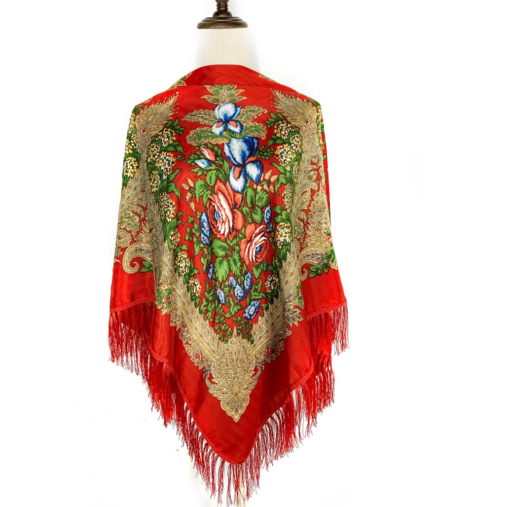 

130*130cm Russian Square Scarf for Women Ethnic Style Floral Print Ukrainian Fringed Shawl Babushka Bandana Head Wraps