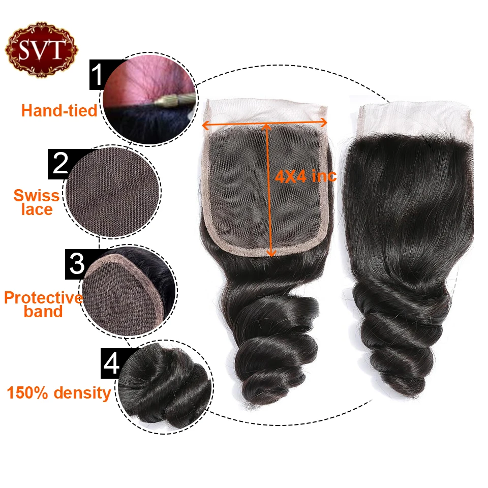 SVT Peruvian Hair Weave Bundles With Closure 4 pcs/lot Natural Color Loose Wave Closure With Bundles Remy Human Hair Extension