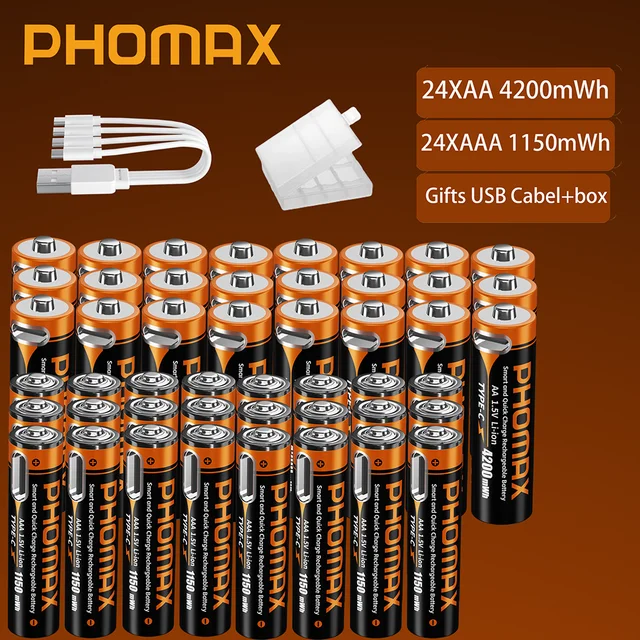 PHOMAX 1.5V Lithium Batteries 4200mWh 1150mWh AA/AAA USB Type-C Li-ion Rechargeable Battery Remote Control Electric Toy Mouse 1